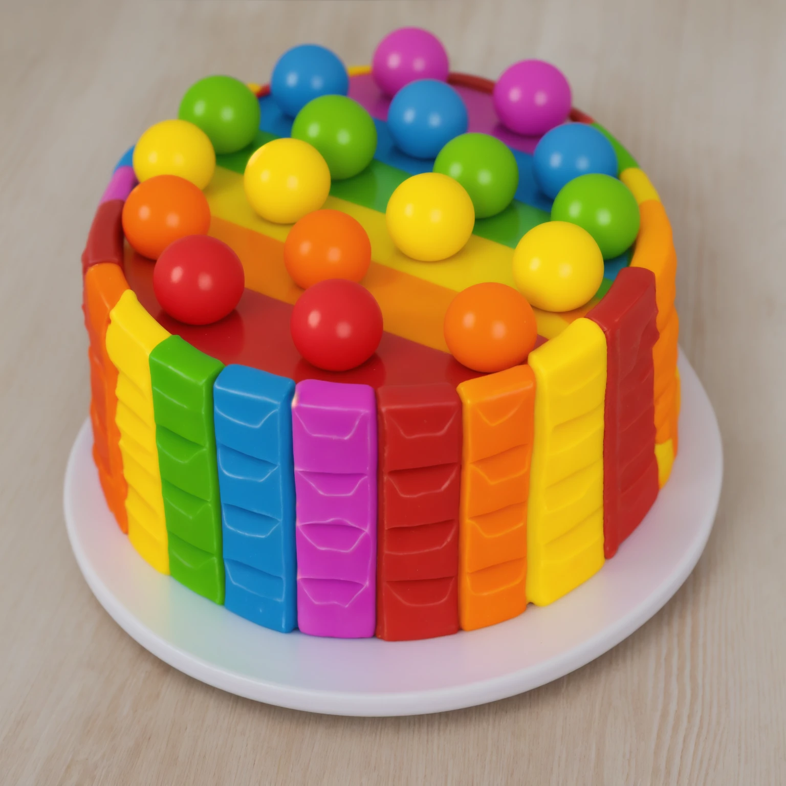 on a wooden table, cake on a white plate. rainbow chocolate bar cake, rainbow ganage on top, rainbow spheres made of polymer clay, Realistic style, realistic texture, detailed texture, bright lighting, Beautiful light from the window, high quality, A high resolution, macro photography, ultra hd 4k, Beautiful sunlight