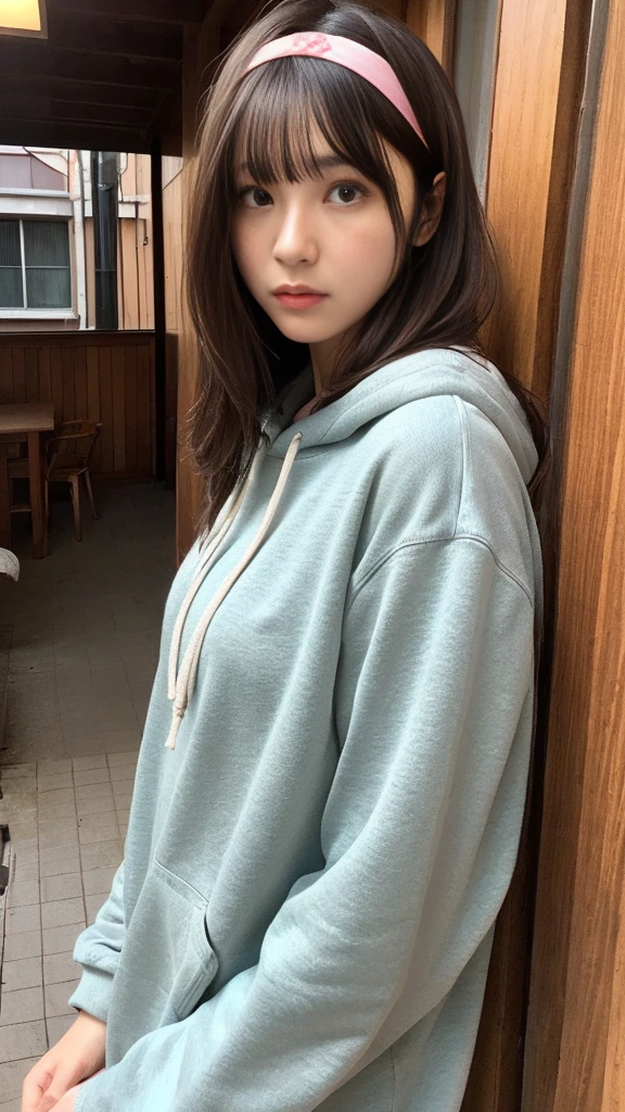(Highly detailed CG Unity 8k wallpaper)、(masterpiece)、(Highest quality)、(Super detailed)、(Best illustrations)、(Best Shadow)、Ultra-high resolution、(Real、Photorealistic:1.2)、(Kyoko Otonashi of the Reiwa Era:1.4)、(Long hair with bangs that fall on the forehead:1.4)、(Nice body:1.2)、(Wear a hoodie:1.2)、(Wear slim jeans:1.2)、(Headband:1.4)、(Old wooden apartment corridor:1.2)、In the background is an old wooden apartment building。The posture is relaxed、Using lighting and shadows、Emphasizing three-dimensionality and realism、Please express natural light reflection、Puffy eyes、Close-up、Cloudy soft light、(Upper Body:1.4)