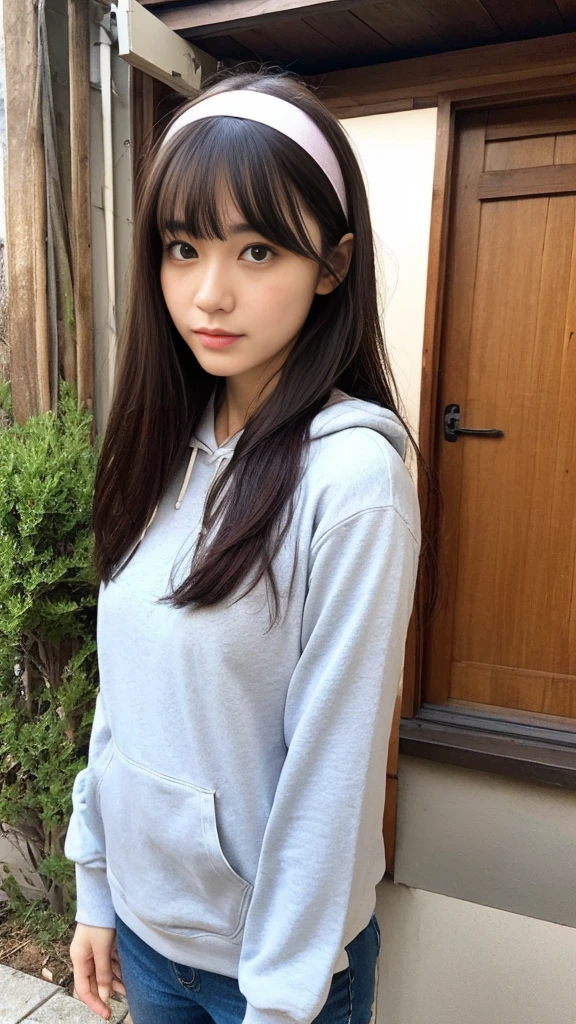 (Highly detailed CG Unity 8k wallpaper)、(masterpiece)、(Highest quality)、(Super detailed)、(Best illustrations)、(Best Shadow)、Ultra-high resolution、(Real、Photorealistic:1.2)、(Kyoko Otonashi of the Reiwa Era:1.4)、(Long hair with bangs that fall on the forehead:1.4)、(Nice body:1.2)、(Wear a hoodie:1.2)、(Wear slim jeans:1.2)、(Headband:1.4)、(Old wooden apartment corridor:1.2)、In the background is an old wooden apartment building。The posture is relaxed、Using lighting and shadows、Emphasizing three-dimensionality and realism、Please express natural light reflection、Puffy eyes、Close-up、Cloudy soft light、(Upper Body:1.4)