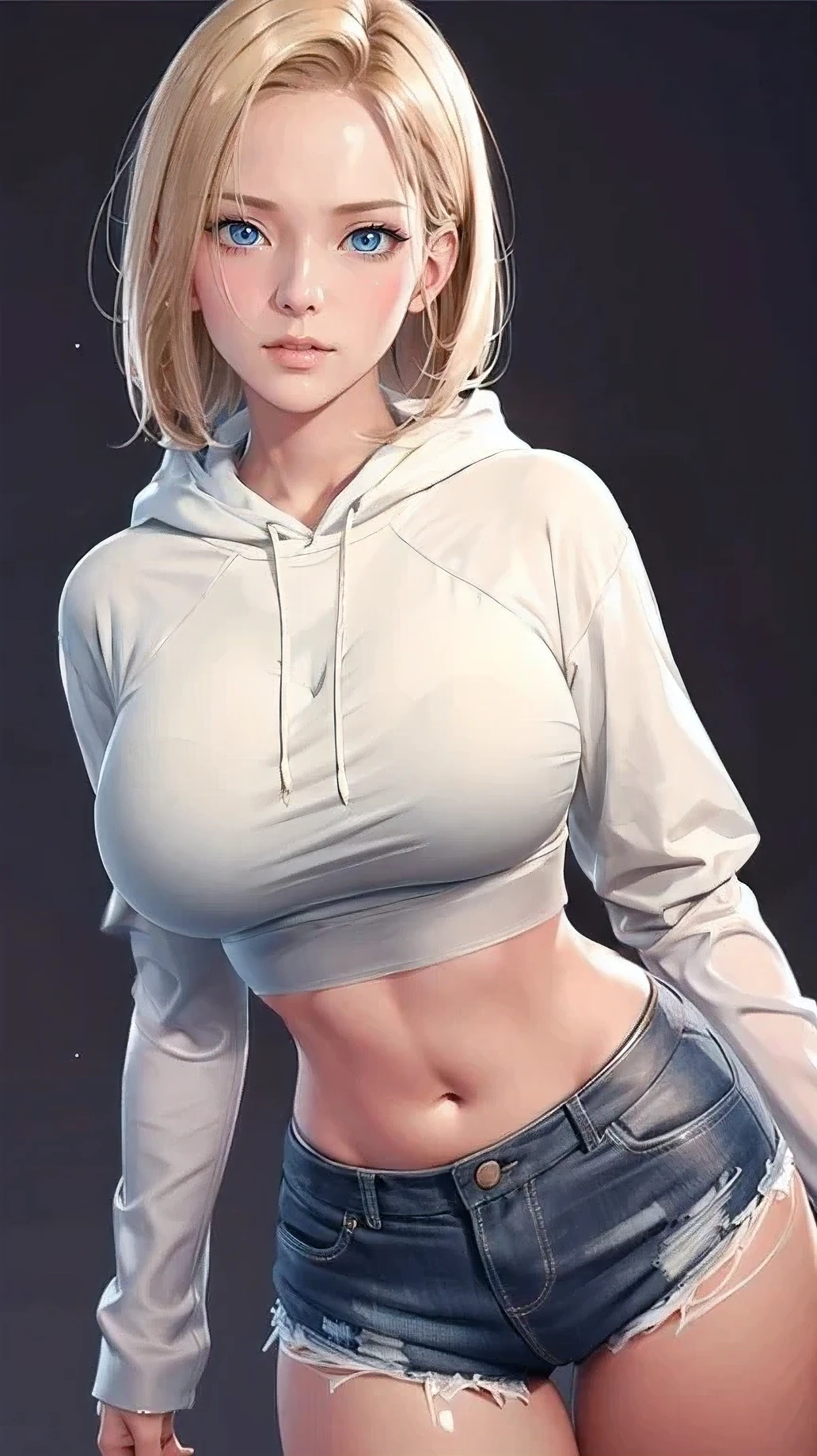 （（（Perfect number，number，Solitary， （（（meesh，hoodie，hood, shorts, Umbilical cord,hood down,））），（（（and 18, android 18, Blonde hair, blue eyes, short hair, ））），((masterpiece)),high resolution, ((Best quality at best))，masterpiece，quality，Best quality，（（（ Exquisite facial features，Looking at the audience,There is light in the eyes，(（（angry，serious））)，））），型number:1.7））），（（（Light and Shadow，Huge breasts））），（（（Looking at the camera，black background，）））