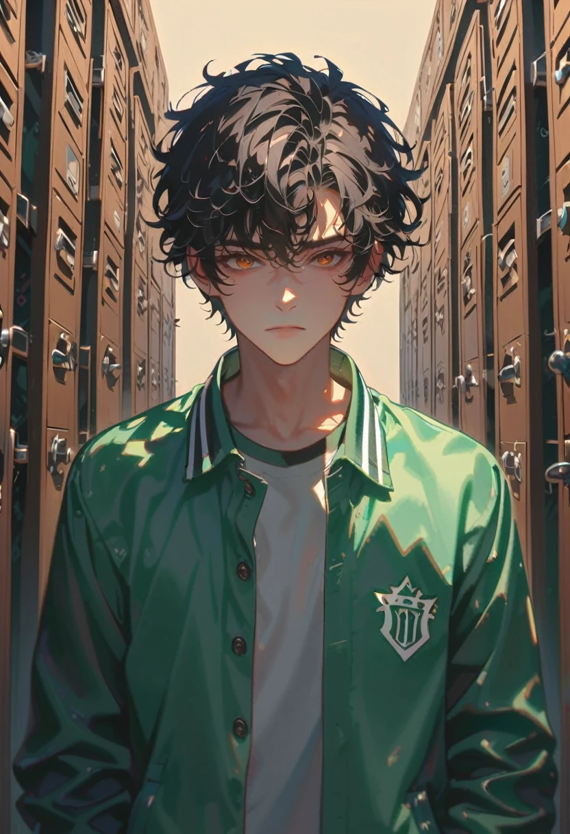 style 9, 1 boy, black hair, brown eyes, green university jacket, loaded with some lockers