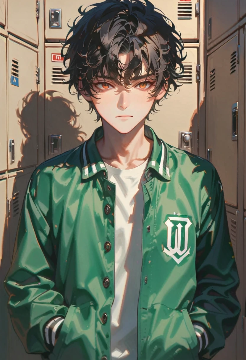 style 9, 1 boy, black hair, brown eyes, green university jacket, loaded with some lockers