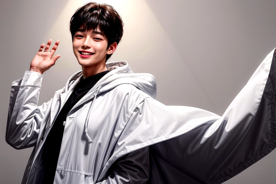 Imagine an image of a young man wearing a white lab coat. Under the lab coat he wears a black hoodie with a white hood and black pants. The man has medium length black hair and exudes a calm, confident demeanor. Top Quality, Ultra Detailed, , (Korean), Long Body, Background is White, (Beautiful), (Long Body)) Big Smile, Top Quality, Ultra Detailed, Illustration, Ultra Detailed View, (Realistic), (Black Hair)), One Young Man, (Researcher in White Coat)), (No Glasses), Twink, (Fair Skin), (Knowledgeable), (Korean), Long Body, (White Shirt)), Clean Lab, (Beautiful), (Long Body)) Big Smile, He has a bright and cheerful expression, smiling wide and showing his teeth. He has a very big smile, his eyes are almost closed and he is looking straight into the camera. The background is bright and white, giving the image a clean and fresh look.
