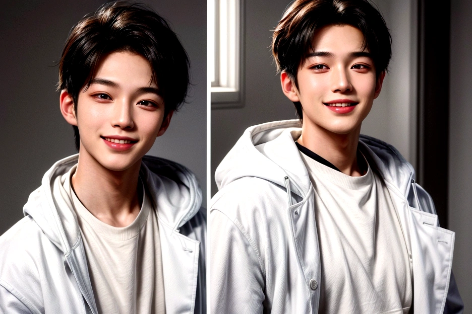 Imagine an image of a young man wearing a white lab coat. Under the lab coat he wears a black hoodie with a white hood and black pants. The man has medium length black hair and exudes a calm, confident demeanor. Top Quality, Ultra Detailed, , (Korean), Long Body, Background is White, (Beautiful), (Long Body)) Big Smile, Top Quality, Ultra Detailed, Illustration, Ultra Detailed View, (Realistic), (Black Hair)), One Young Man, (Researcher in White Coat)), (No Glasses), Twink, (Fair Skin), (Knowledgeable), (Korean), Long Body, (White Shirt)), Clean Lab, (Beautiful), (Long Body)) Big Smile, He has a bright and cheerful expression, smiling wide and showing his teeth. He has a very big smile, his eyes are almost closed and he is looking straight into the camera. The background is bright and white, giving the image a clean and fresh look.