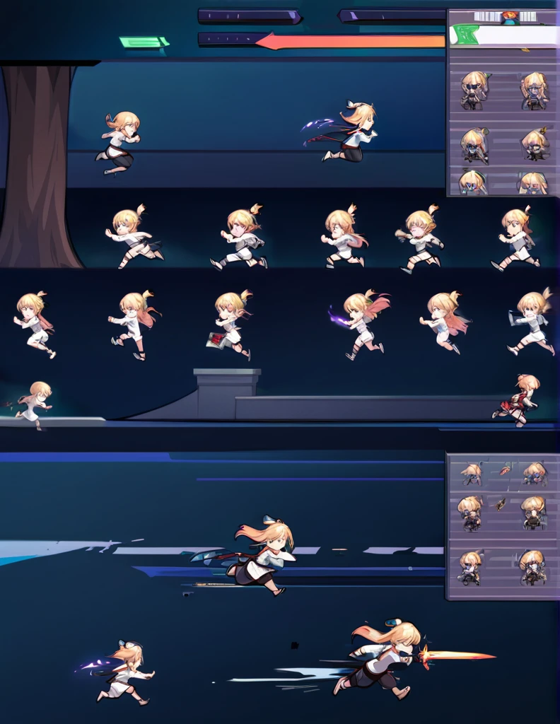 Create a sprite sheet for character animations that includes frames for movement, running, jumping, sword attack,up and down movement