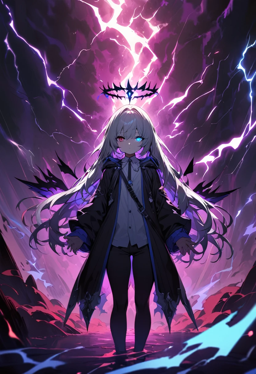 elementary, Shadow Surrounding Girl, lightning, Green Aura, Red aura, Purple aura, Flames surrounding the girl, masterpiece, Dark Theme, Highest quality, Maximum details, Very fine eye, Professional coloring, cinematic lightning, Remaining, Written boundary depth, Backlight, One Girl, Young girl, Silver Hair, Long Hair, Black glowing halo, Shining blue sea, Blue Flame, Magic wings on your back, Fantasy-inspired costumes, Black long coat, shirt, Black trousers, Expressionless, heterochromatic eyes, Heterochromia iridis, Purple left eye and blue right eye, Odd Eye, Glowing Eyes, He placed one hand on the hilt of the thin black long sword that was sticking out of his hand.,