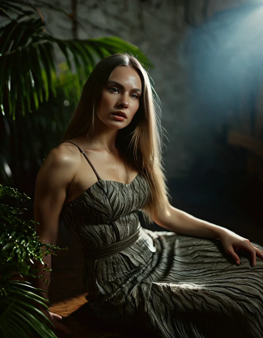 professional photograph of a 25 year old model, by Peter Hegre, photography studio,__perspective__, beautiful evil slavic muscular woman, pale skin, long hair, dressed in elegant long dress, dynamic model pose, bold lines, hyper detailed,warm natural lighting, cinematic, film grain, sitting, tropical plants on background, (intricate details, masterpiece, best quality:1.4),hyper detailed, bright extensive palette, mesmerizing, dynamic, dramatic, sensual, dynamic pose, highly detailed skin with hair, subcutaneous veins,skin fluff,fine wrinkles,high contrast,best Ray tracing, light and shadow play, highly detailed,24mm photograph, film, bokeh, professional, 4k,