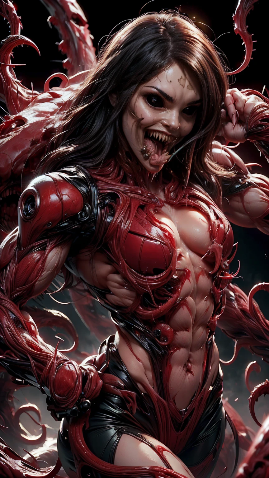 Megan fox as armored carnage, (red carnage skinless muscular bio-mecha armor:1.25), (mouth wide open, carnage style:1.25), (full body view:1.25), Realistic, Very detailed face and eyes, (masterpiece:1.1), (beautiful girl face:1.45)