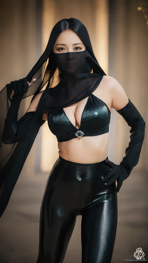 (lifelike, high - resolution:1.3),full body , 1 girl with a perfect body, Super fine face and eyes,slong hair, diamond midriff of black colors:1.2, black shiny leggings,face veil, big boob,Expose cleavage, ninja pose, satin gloves.