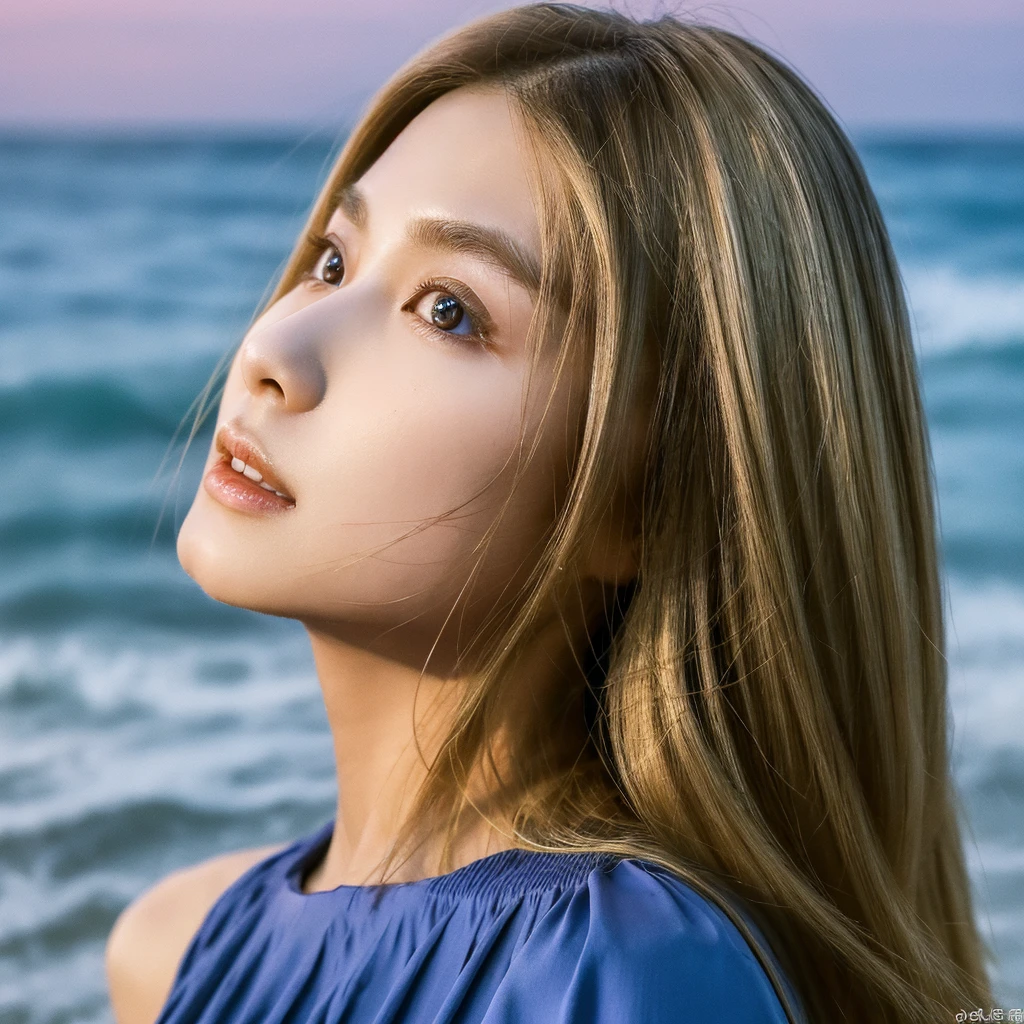 A young South Korean woman aged 24, she has a small, well-proportioned face with delicate features.
Her eyes are large and expressive, with double eyelids and a captivating gaze. Her nose is thin and well defined.
Her lips are full and well-drawn.
Her long, straight hair is a shade of blonde that matches her appearance. 
Her skin is clear and smooth. Her body is of medium height and slim, with a graceful figure.
As she walks along the beachfront at sunset in Jeju, her blue-marine dress sways in the wind.