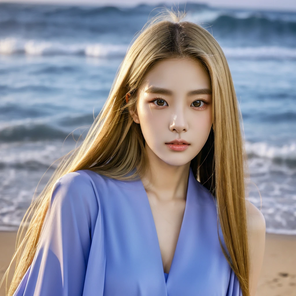 A young South Korean woman aged 24, she has a small, well-proportioned face with delicate features.
Her eyes are large and expressive, with double eyelids and a captivating gaze. Her nose is thin and well defined.
Her lips are full and well-drawn.
Her long, straight hair is a shade of blonde that matches her appearance. 
Her skin is clear and smooth. Her body is of medium height and slim, with a graceful figure.
As she walks along the beachfront at sunset in Jeju, her blue-marine dress sways in the wind.