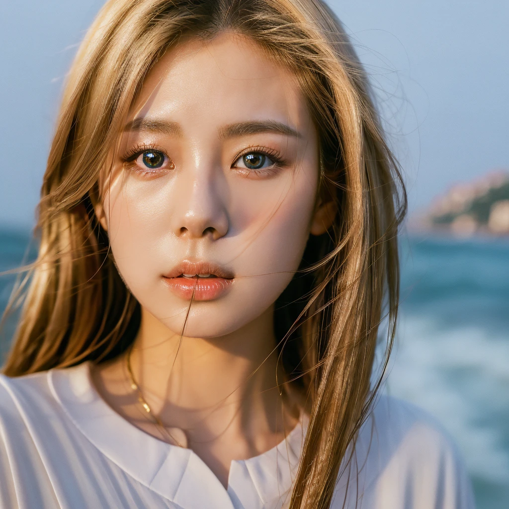 A young South Korean woman aged 24, she has a small, well-proportioned face with delicate features.
Her eyes are large and expressive, with double eyelids and a captivating gaze. Her nose is thin and well defined.
Her lips are full and well-drawn.
Her long, straight hair is a shade of blonde that matches her appearance.
Her skin is clear and smooth. Her body is of medium height and slim, with a graceful figure.
As she walks along the beachfront at sunset in Jeju, her blue-marine dress sways in the wind.