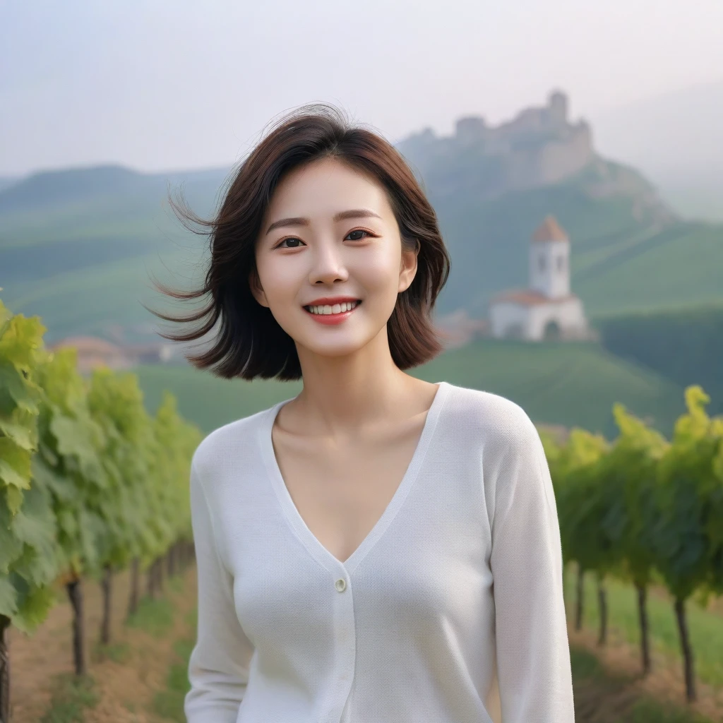 k Best picture quality, Beautiful 36-year-old Korean woman, My skin is good and my eyes are clear and pretty... clear and nice weather. Chest size 34 inches, italian countryside, past the vineyard, A cathedral can be seen in the fog in the distance.., The back background is realistic and vivid quality., Short and medium hair blowing in the wind, Wearing a white shirt under a luxurious knit. casual pants, laugh. the background is clear, Short and slim Korean woman, stand far away, Photo taken with a wide-angle lens, 1 woman