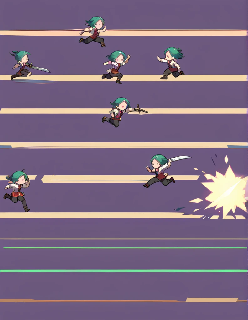 Create a sprite sheet for character animations that includes frames for movement, running, jumping, sword attack,move up , down movement