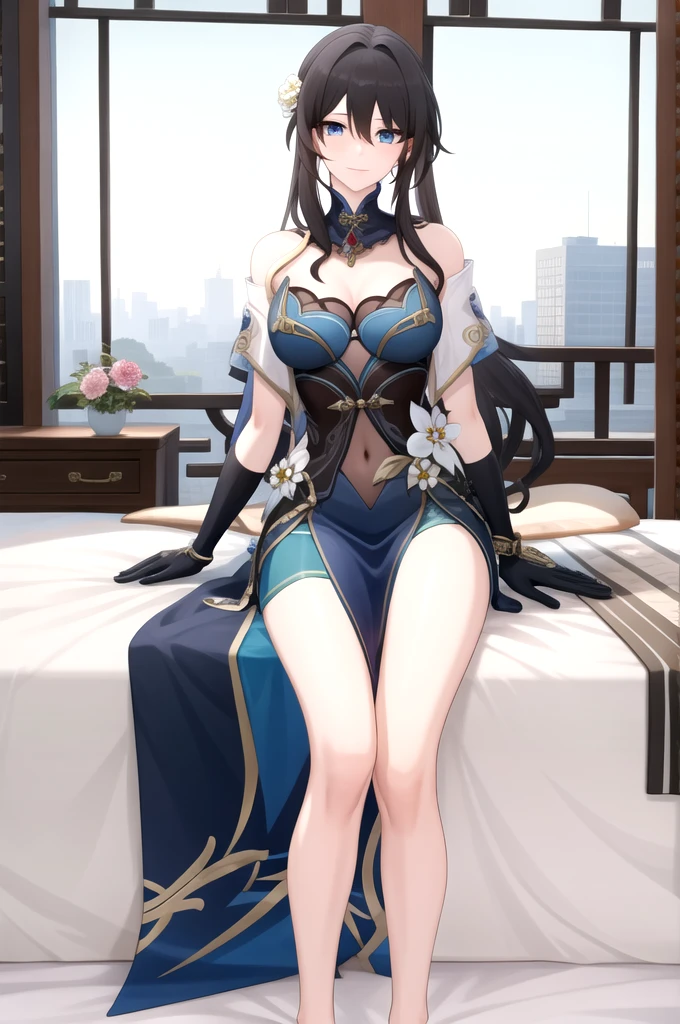 RUANMEI,Bangs,Long hair,skirt,Gloves,Hair between the eyes,Jewelry,Hair accessories,blue eyes,Black Hair,flower,black Gloves,blue skirt,indoors,bedroom,on the bed,A faint smile,Rosaria,, 1 Girl,
, (masterpiece,best quality:1.2),absurd,whole body,Long legs,pretty feet,Bare legs,sexy