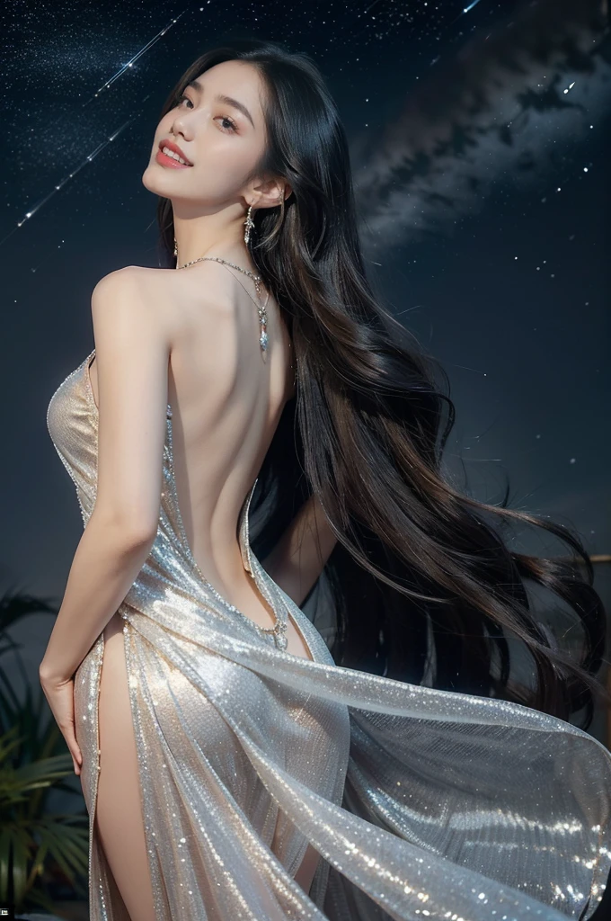 (((best quality))),(((ultra detailed))),(((masterpiece))),illustration,((A beautiful female astrologer,solo)),((slim,thin)),((bare back,towering hips,butt crack)),((shoulder length straight hair)),(laughing:1.2),(earrings,necklace),(sparkled sheer dress:1.3),standing beneath a magical summer night, stars twinkling in the velvety darkness,starry sky, sapphire eyes filled with wonder, flowing ethereal gown mimicking the stars, silver pendant shaped like a horoscope,serene smile and captivating gaze, celestial beauty and mystery, solace and inspiration in the vast expanse of the universe,((from back,upper body))