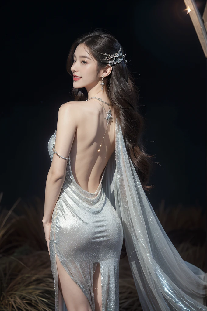 (((best quality))),(((ultra detailed))),(((masterpiece))),illustration,((A beautiful female astrologer,solo)),((slim,thin)),((bare back,towering hips,butt crack)),((shoulder length straight hair)),(laughing:1.2),(earrings,necklace),(sparkled sheer dress:1.3),standing beneath a magical summer night, stars twinkling in the velvety darkness,starry sky, sapphire eyes filled with wonder, flowing ethereal gown mimicking the stars, silver pendant shaped like a horoscope,serene smile and captivating gaze, celestial beauty and mystery, solace and inspiration in the vast expanse of the universe,((from back,upper body))