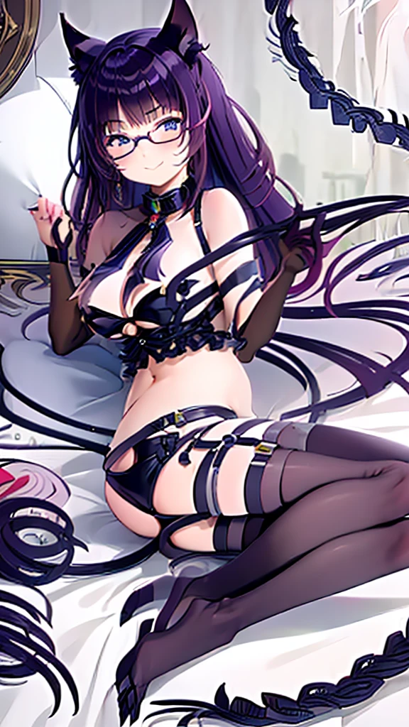 (Masterpiece), (best quality), Cat girl, 20 years old, long hair, dark purple hair, chest, blue eyes, cat ears and cat tail, wearing round glasses, lying on a bed.