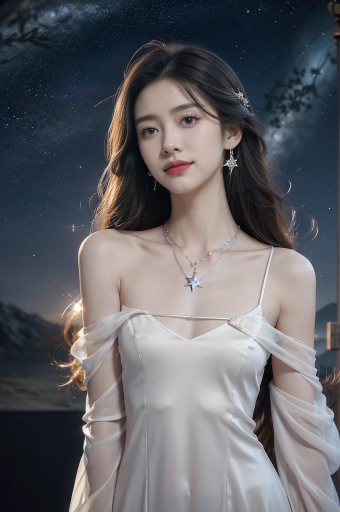 (((best quality))),(((ultra detailed))),(((masterpiece))),illustration,((A beautiful female astrologer,solo)),((slim,thin)),((small breasts,flat chest)),((shoulder length straight hair)),(laughing:1.2),(earrings,necklace),(sparkled sheer shirt-dress:1.3),standing beneath a magical summer night, stars twinkling in the velvety darkness,starry sky, sapphire eyes filled with wonder, flowing ethereal gown mimicking the stars, silver pendant shaped like a horoscope,serene smile and captivating gaze, celestial beauty and mystery, solace and inspiration in the vast expanse of the universe,((from front,upper body))