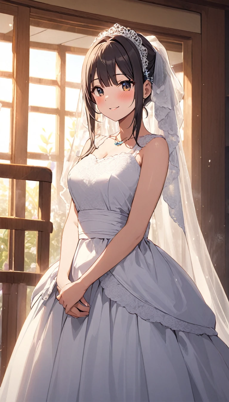 Anime drawing with vivid colors Tall woman:1.9 Veil, All lace, White wedding dress, Mini skirt, Big breasts, Sweat, Naked:1.9. Blushing cheeks: Daytime:1.3 On the bed, white sheets, short black hair, ponytail:1.9 Straight hair Hair tie Sweep bangs to the side:1.9. Slanted eyes, brown eyes, tall, strong-willed, beautiful