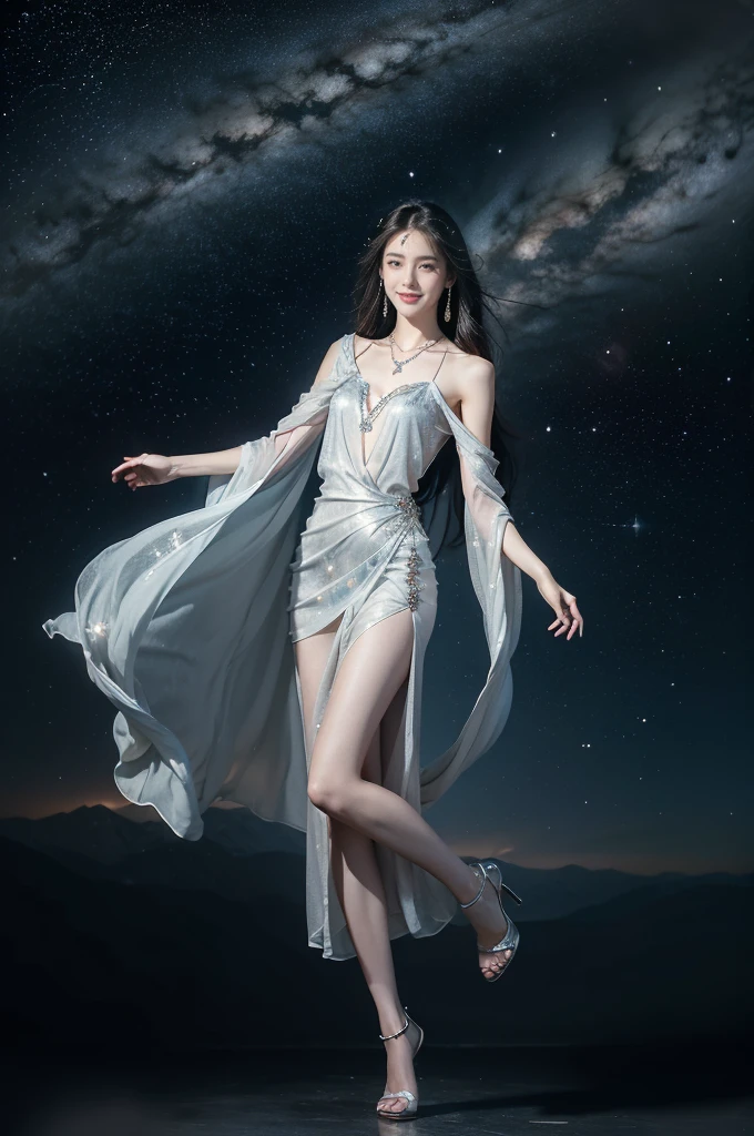 (((best quality))),(((ultra detailed))),(((masterpiece))),illustration,((A beautiful female astrologer,solo)),((slim,thin)),((small breasts,flat chest)),((shoulder length straight hair)),(laughing:1.2),(earrings,necklace),(sparkled sheer shirt-dress:1.3),(slender legs),standing beneath a magical summer night, stars twinkling in the velvety darkness,starry sky, sapphire eyes filled with wonder, flowing ethereal gown mimicking the stars, silver pendant shaped like a horoscope,serene smile and captivating gaze, celestial beauty and mystery, solace and inspiration in the vast expanse of the universe,((from front,full body))