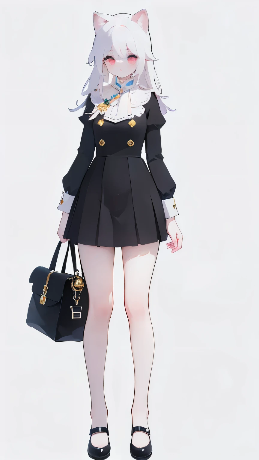 Tsundere 18 year old girl, beautiful and delicate eyes, beautiful lips, very detailed 눈과 얼굴, long eyelashes, 1girl, white cat ears, foot long bag, Front view, Red-eye, (top quality, 4K, 8K, high resolution, masterpiece:1.2), very detailed, (realistic인, realistic인, realistic인, realistic인, realistic: 1.37), very large breasts, elegant, fantasy, white background, I can see my armpits, white hair, stockings