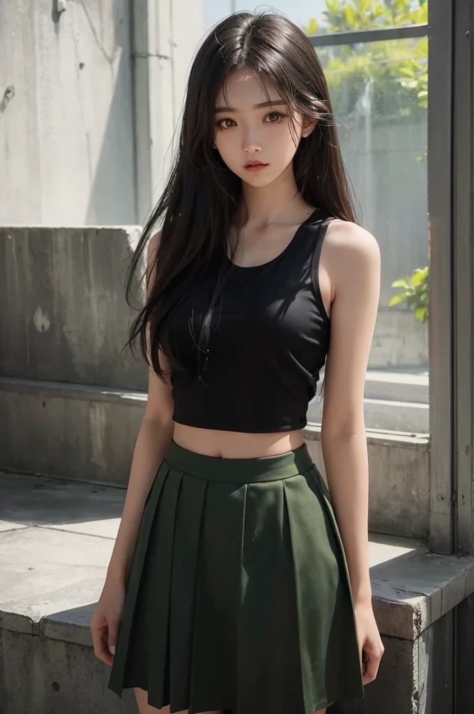 20 year old girl, green tank top, dark green skirt, long hair, high contrast (Natural skin texture, Hyperrealism, Soft Light, sharp), portrait, standing, kpop