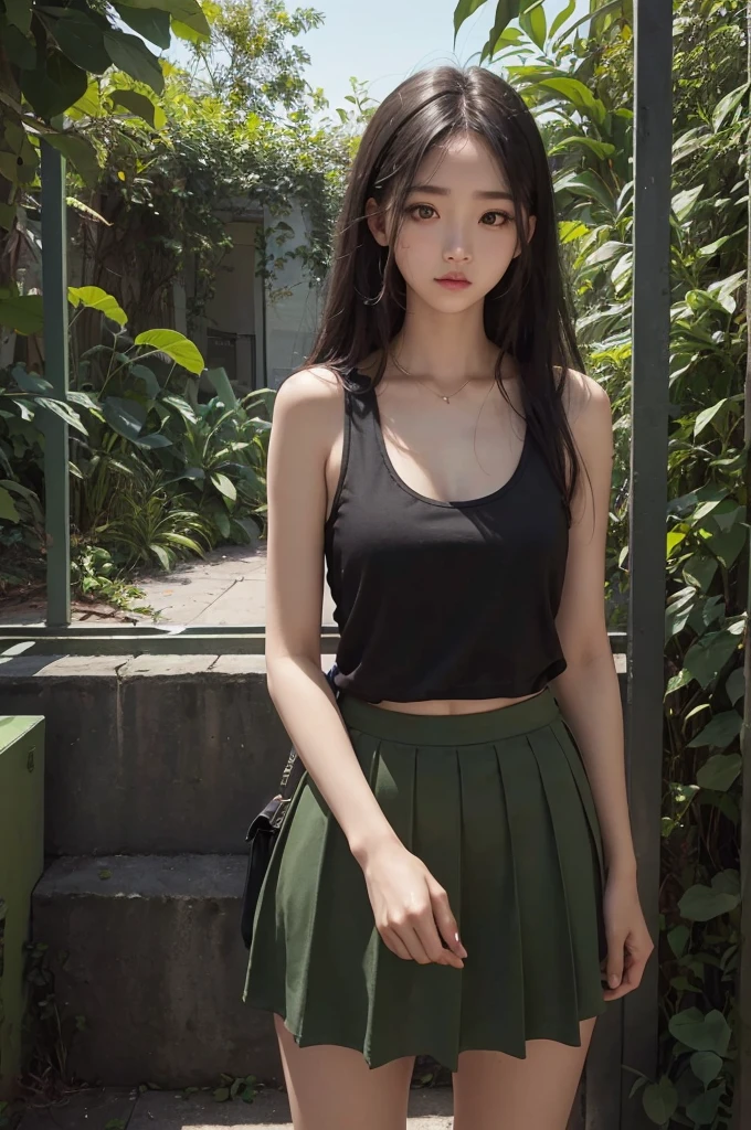 20 year old girl, green tank top, green skirt, long hair, high contrast (Natural skin texture, Hyperrealism, Soft Light, sharp), portrait, standing, kpop