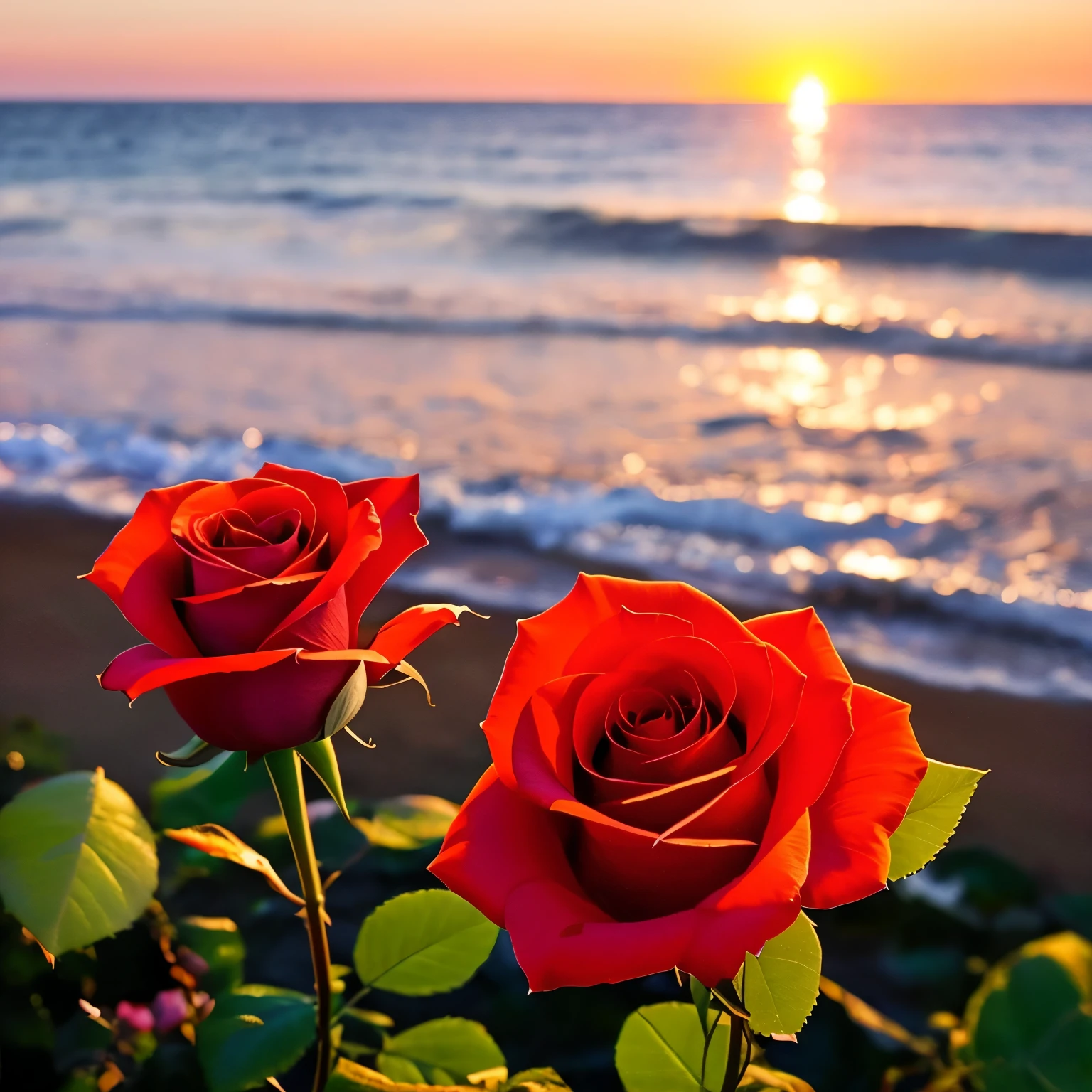 close up, A rose, The background is a gorgeous sunset at the seaside, Real Texture, Warm