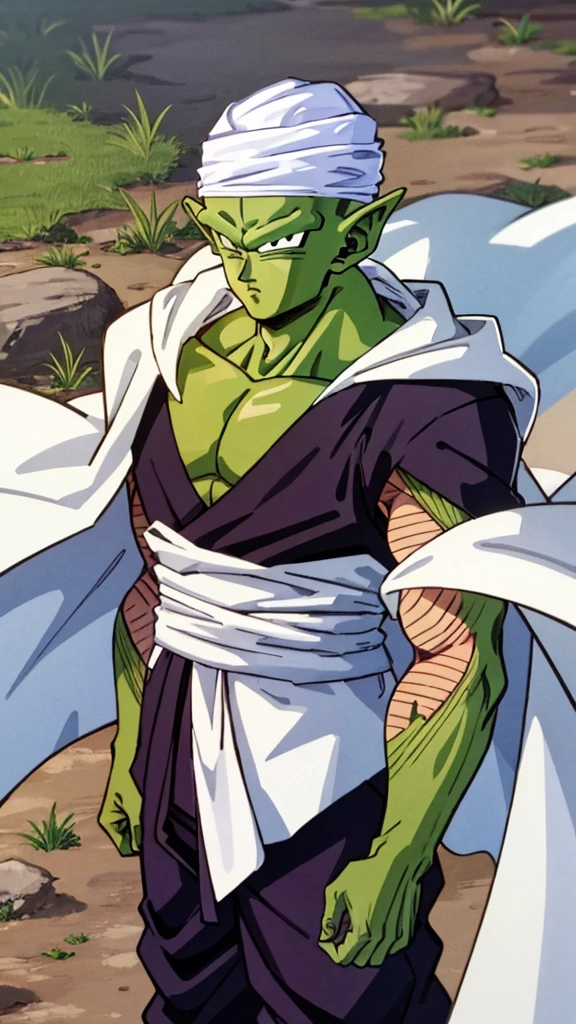 {{{masterpiece}}}, {{{best quality}}}, {{ultra-detailed}}, {illustration}, {{an extremely delicate and beautiful}}, (beautiful detailed eyes:1.6), extremely detailed face, 8k, anime face, piccolo(Dragon Ball),1boy, solo, pointy ears, bald, black eyes, green skin pink patches, purple dougi, purple pants, blue sash, (white turban), white cape, BREAK, glare, closed mouth, looking at viewer, crossed arms, rocky grassfields, standing, isometric drawing