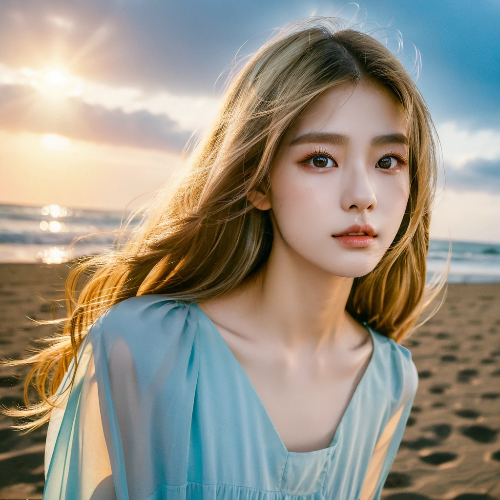 A young South Korean woman aged 24, she has a small, well-proportioned face with delicate features.
Her eyes are large and expressive, with double eyelids and a captivating gaze. Her nose is thin and well defined.
Her lips are full and well-drawn.
Her long, straight hair is a shade of blonde that matches her appearance.
Her skin is clear and smooth. Her body is of medium height and slim, with a graceful figure.
As she walks along the beachfront at sunset in Jeju, her blue-marine dress sways in the wind.