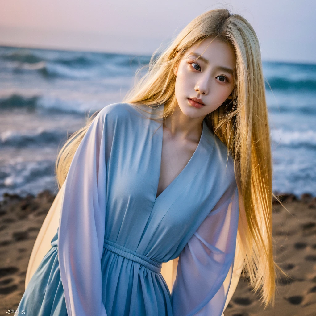 A young South Korean woman aged 24, she has a small, well-proportioned face with delicate features.
Her eyes are large and expressive, with double eyelids and a captivating gaze. Her nose is thin and well defined.
Her lips are full and well-drawn.
Her long, straight hair is a shade of blonde that matches her appearance. 
Her skin is clear and smooth. Her body is of medium height and slim, with a graceful figure.
As she walks along the beachfront at sunset in Jeju, her blue-marine dress sways in the wind.