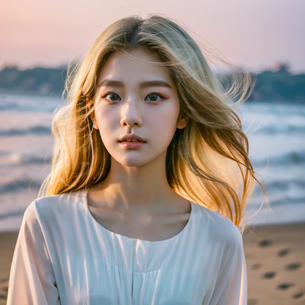 A young South Korean woman aged 24, she has a small, well-proportioned face with delicate features.
Her eyes are large and expressive, with double eyelids and a captivating gaze. Her nose is thin and well defined.
Her lips are full and well-drawn.
Her long, straight hair is a shade of blonde that matches her appearance. 
Her skin is clear and smooth. Her body is of medium height and slim, with a graceful figure.
As she walks along the beachfront at sunset in Jeju, her blue-marine dress sways in the wind.