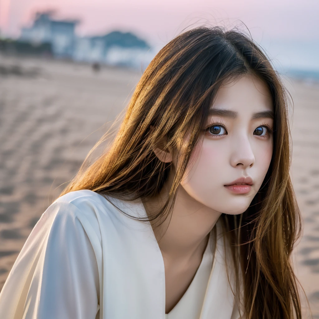 A young South Korean woman aged 24, she has a small, well-proportioned face with delicate features.
Her eyes are large and expressive, with double eyelids and a captivating gaze. Her nose is thin and well defined.
Her lips are full and well-drawn.
Her long, straight hair is a shade of blonde that matches her appearance.
Her skin is clear and smooth. Her body is of medium height and slim, with a graceful figure.
As she walks along the beachfront at sunset in Jeju, her blue-marine dress sways in the wind.