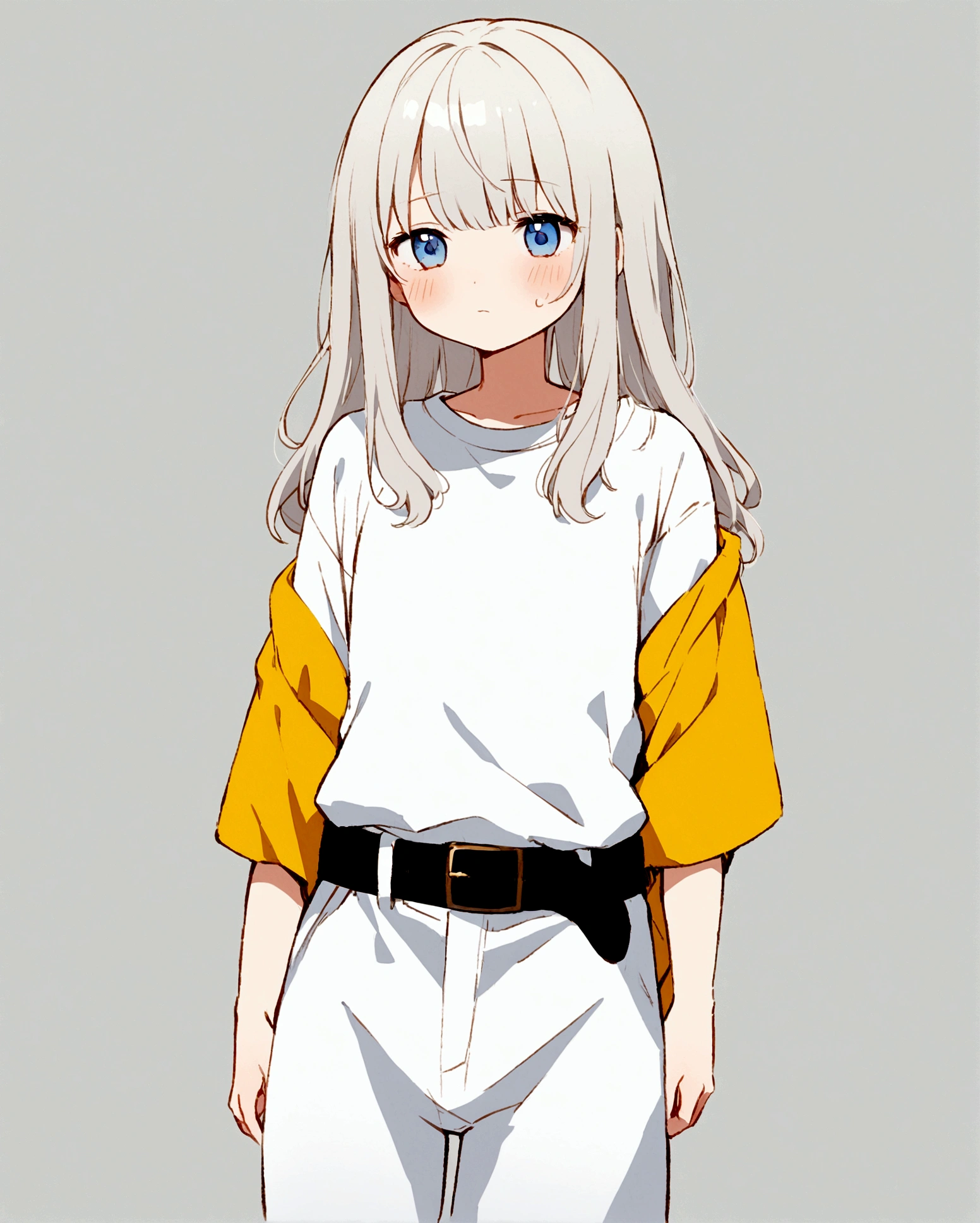 An anime-style illustration of a young girl with long, wavy light gray hair and blue eyes. She is wearing an oversized white t-shirt with yellow sleeves, which is partially tucked into white pants with a black belt. The girl has a slightly melancholic expression, with light blush on her cheeks. The background is a simple, light gray color.