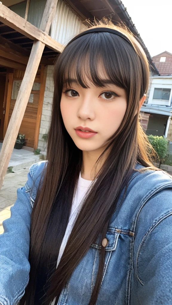 (Highly detailed CG Unity 8k wallpaper)、(masterpiece)、(Highest quality)、(Super detailed)、(Best illustrations)、(Best Shadow)、Ultra-high resolution、(Real、Photorealistic:1.2)、(Kyoko Otonashi of the Reiwa Era:1.4)、(Long hair with bangs that fall on the forehead:1.4)、(Large Breasts:1.2)、(Wear a hoodie:1.2)、(Wear slim jeans:1.2)、(Headband:1.4)、(Old wooden apartment corridor:1.2)、(White, long-haired medium-sized dog)、The posture is relaxed、Using lighting and shadows、Emphasizing three-dimensionality and realism、Please express natural light reflection、Puffy eyes、Close-up、Cloudy soft light、(Upper Body:1.4)