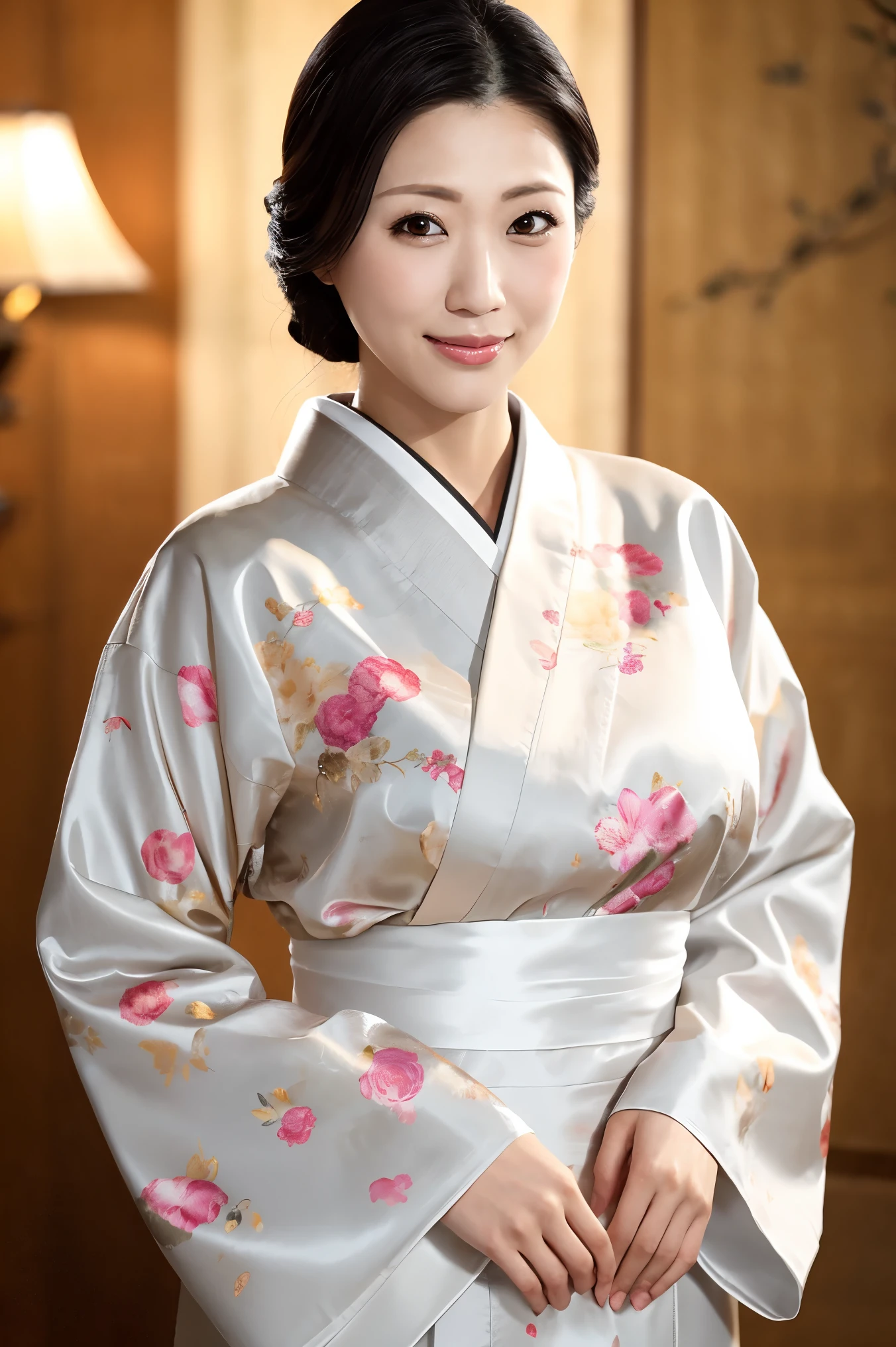 (Highest quality、Tabletop、8K、Best image quality、Award-winning works)、(1 Beautiful Mature Woman:1.1)、(Innkeeper:1.1)、(Elegant floral kimono:1.2)、Perfect Mature Woman Portrait Photo、Glowing Skin、Standing Elegantly、Face close-up、(Blurred elegant luxury hotel background:1.3)、Glowing White Skin、Very white skin、(Voluptuous body:1.1)、(Large Breasts:1.2)、(Accentuate your body lines:1.1)、The most elegant posture