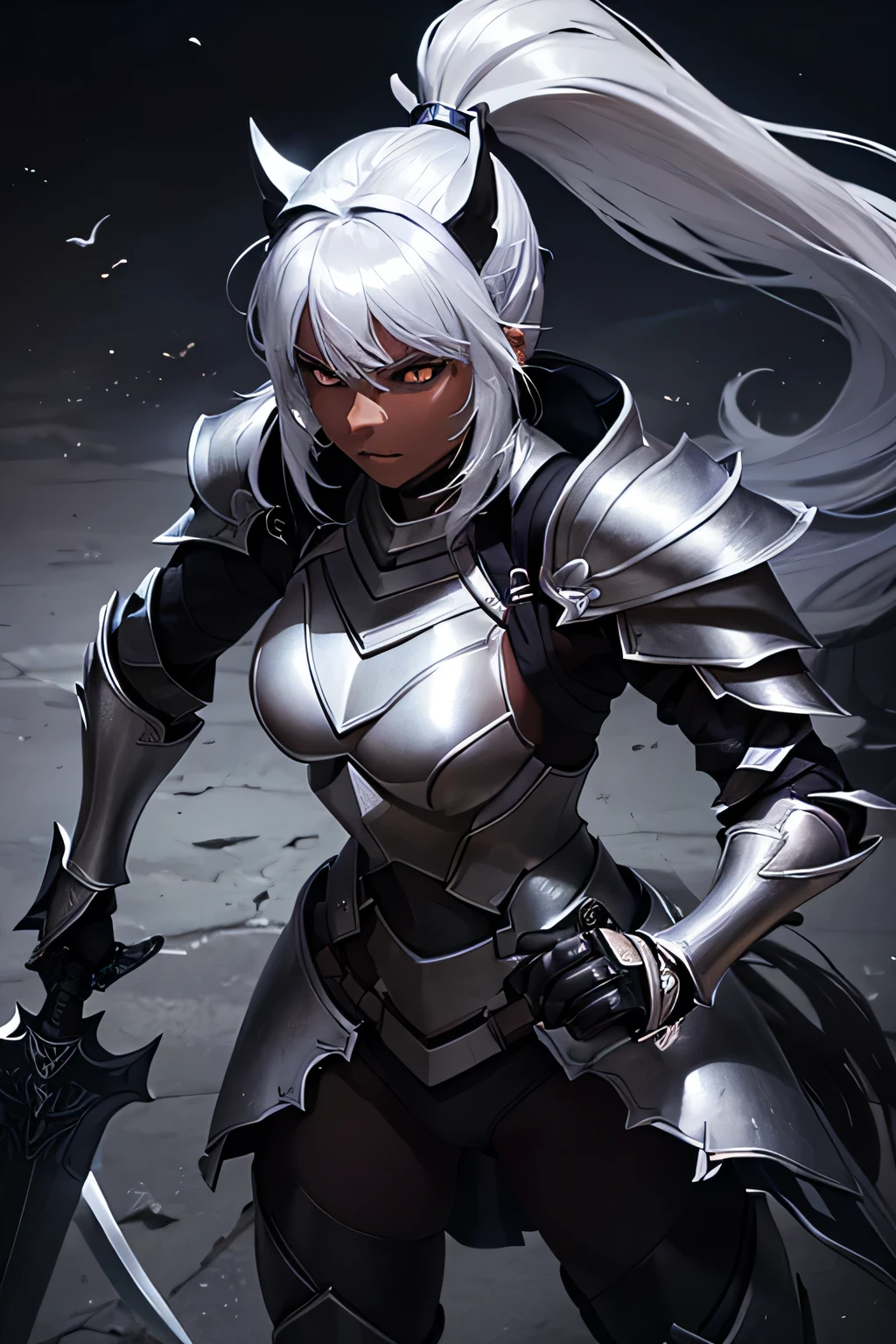 Beautiful 20 year old woman, (((Silver ponytail))),(((Dark Skin)))、Dark Knight,(((Black Armor)))、Swinging the Sword、In the Dark