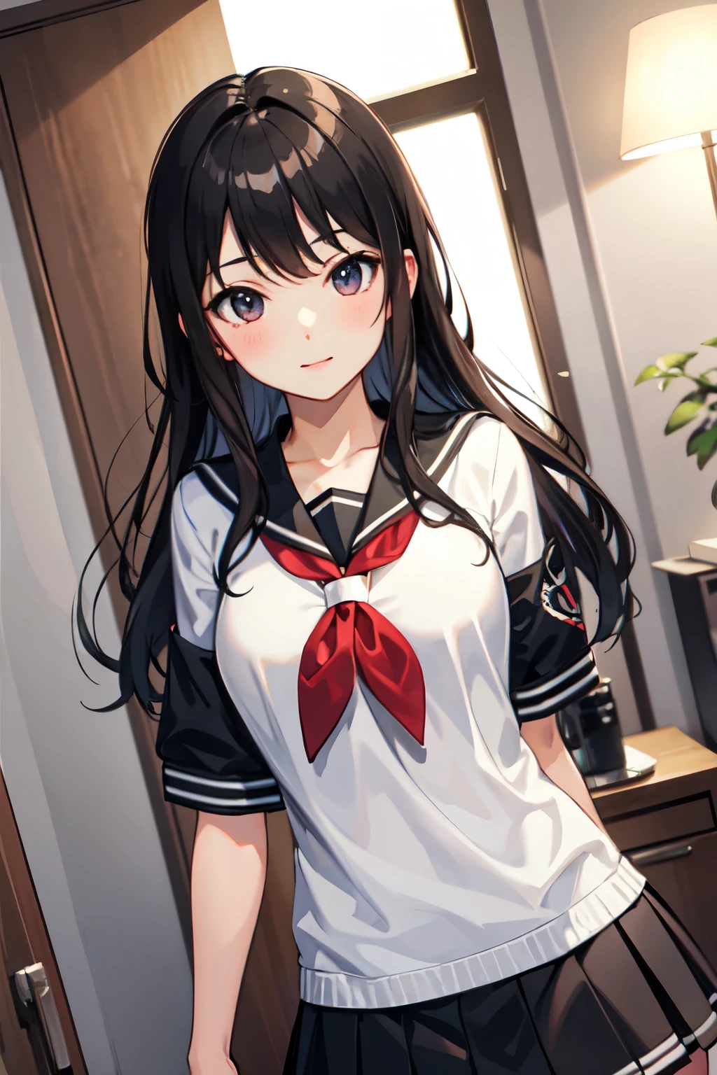 ((Highest quality)), ((masterpiece)), (detailed), high school girl, Lewd, black Hair,Returning home,Nice body