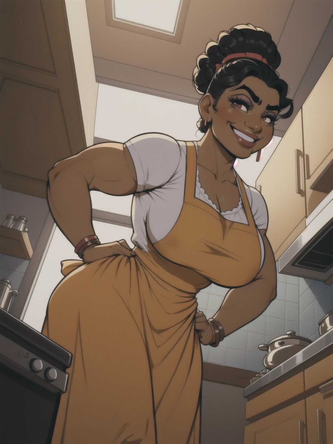 woman, solo, 1woman, retro, wearing dress and apron, (tanned skin:1.1), latina, standing in kitchen, modern kitchen, (huge breasts:1.1), (nipple outline:0.7), muscular, black hair, updo, hair bun, makeup, looking down at viewer, hands on hips, (from below:1.3), (extremely low angle:1.2), smiling, incase, facing viewer, luisaxl,