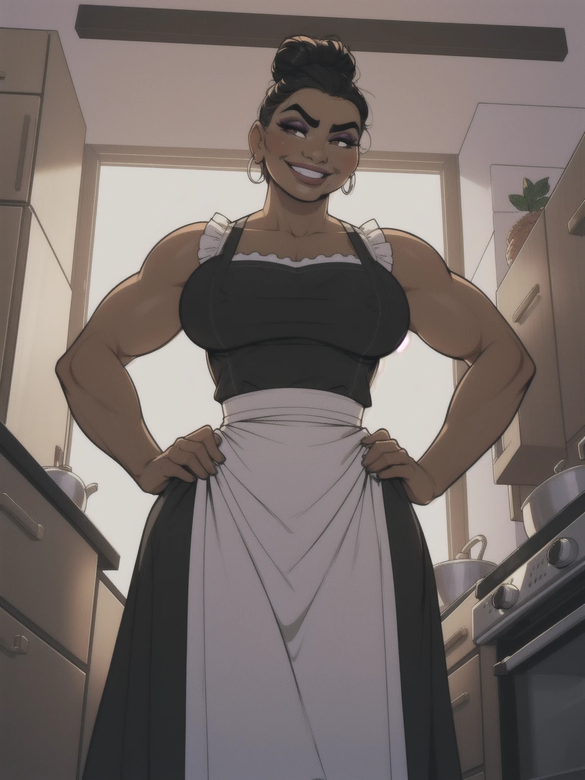 woman, solo, 1woman, retro, wearing dress and apron, (tanned skin:1.1), latina, standing in kitchen, modern kitchen, (huge breasts:1.1), (nipple outline:0.7), muscular, black hair, updo, hair bun, makeup, looking down at viewer, hands on hips, (from below:1.3), (extremely low angle:1.2), smiling, incase, facing viewer, luisaxl,