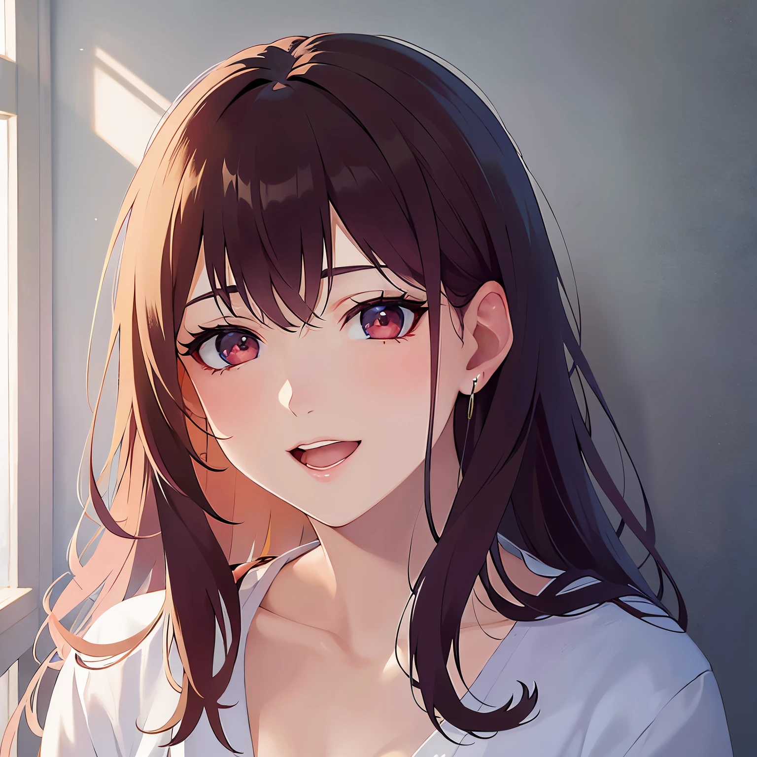 Realistic, real person, RAW photo, photorealistic, portrait photography, shiny skin, 25-year-old woman、(Medium Hair) and (red hair) and (red eyes), Wearing a white blouse、smile, open mouth, blush, The background is the conference room、Alone
