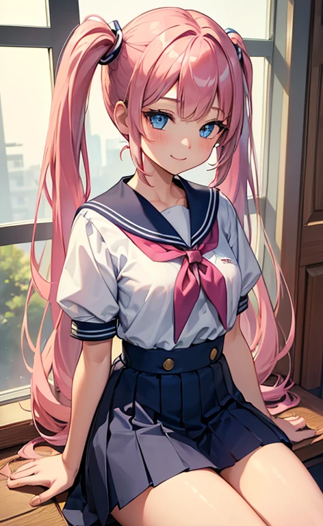 (masterpiece, top quality, very aesthetic, 4k、), intricate detail, 1girl,Sit on the window sill and look outside、(cowboy shot)、light smile、(Super long sideburns)、
Cute 、pink hair、twintails,middle hair,sidelock ,high school girl,blue eyes、serafuku、sailor uniform、small breasts,Slim 、