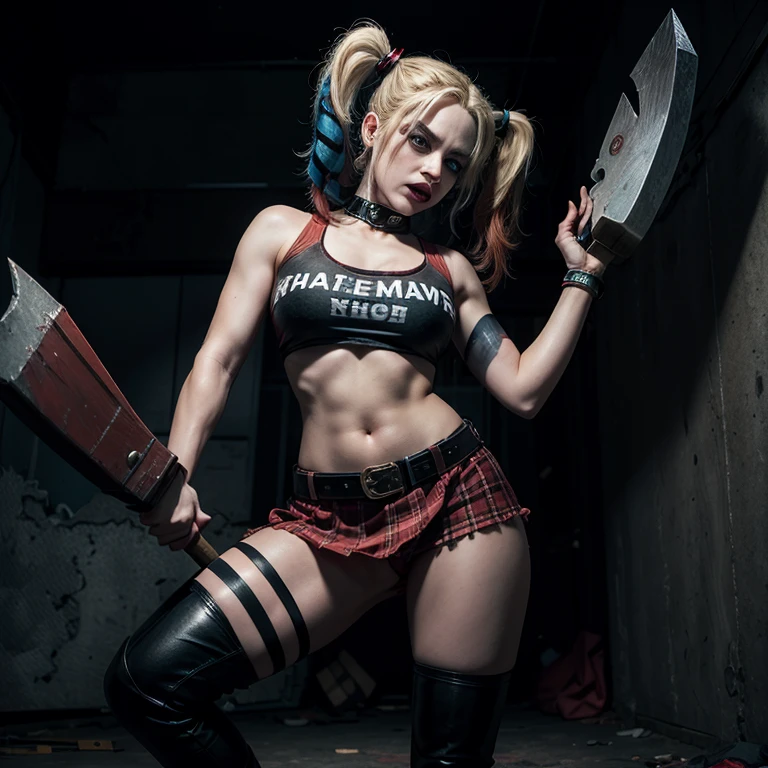 Harley quinn, holding an big axe, angry face, in a dark room