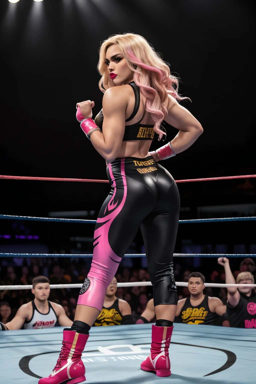 Nikkita Lyons:
* Long, flowing blonde hair styled in dramatic waves with a vibrant pink streak cascading down one side.
* Fierce and confident expression with bold makeup featuring smokey eyeshadow and a glossy pink lip.
* A custom-designed wrestling outfit with a lioness motif incorporated into the design. Think fierce gold accents and maybe even a subtle tail-like element on the back of the tights.
* Black knee pads and high-top boots complete the outfit.
* Standing tall in a dominant stance, legs spread shoulder-width apart.
* One hand raised in a fist, the other hand resting on her hip, radiating power and control.
Background:
* Use a dynamic background of the NXT Performance Center with a blurred crowd cheering in the stands.
Lighting:
* Dramatic lighting with a spotlight focused on Nikkita, highlighting her fierce determination.
Overall Tone:
* The image should capture Nikkita Lyons' powerful presence and intimidating confidence. It should highlight her status as a rising star in NXT, ready to make her mark on the wrestling world.