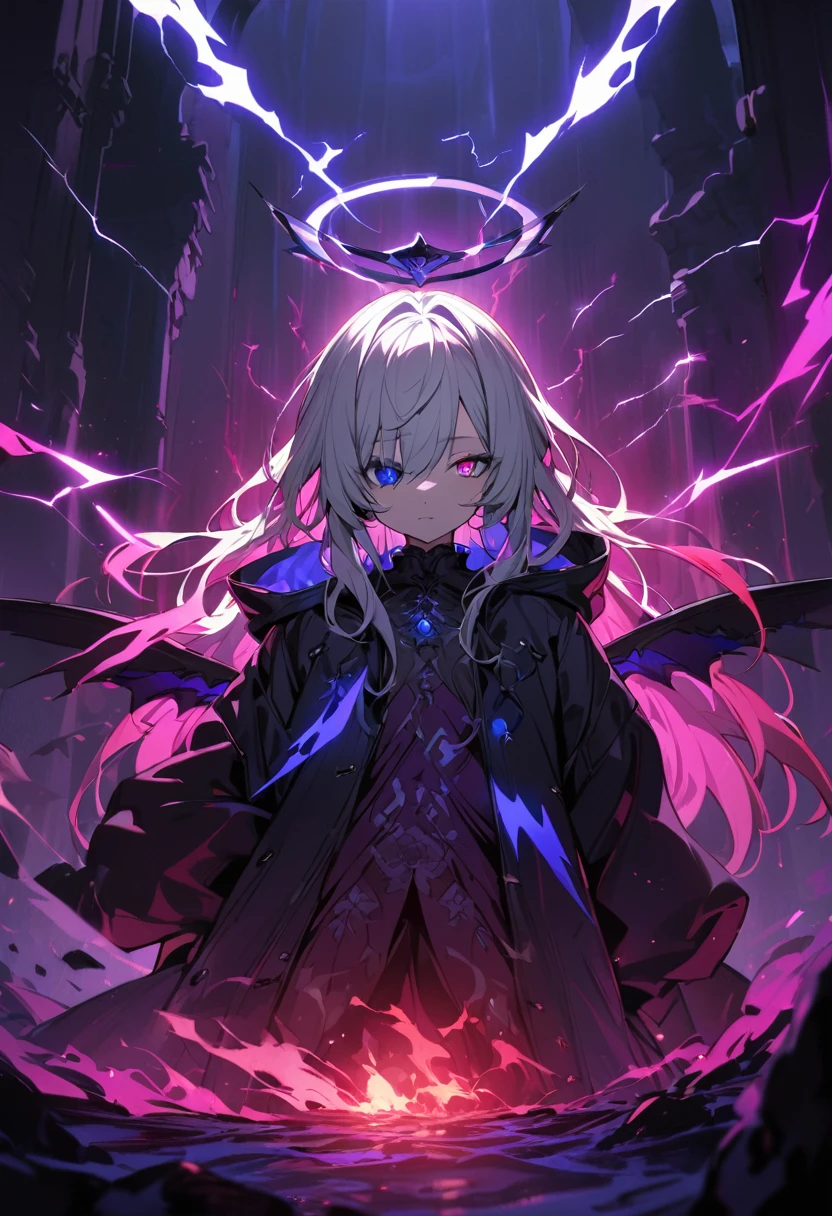 elementary, Shadow Surrounding Girl, lightning, Green Aura, Red aura, Purple aura, Flames surrounding the girl, masterpiece, Dark Theme, Highest quality, Maximum details, Very fine eye, Professional coloring, cinematic lightning, Remaining, Written boundary depth, Backlight, One Girl, Young girl, Silver Hair, Long Hair, Black glowing halo, Shining blue sea, Blue Flame, Magic wings on your back, Fantasy-inspired costumes, Black long coat, shirt, Black trousers, Expressionless, heterochromatic eyes, Heterochromia iridis, Purple left eye and blue right eye, Odd Eye, Glowing Eyes, Show a close-up of your face