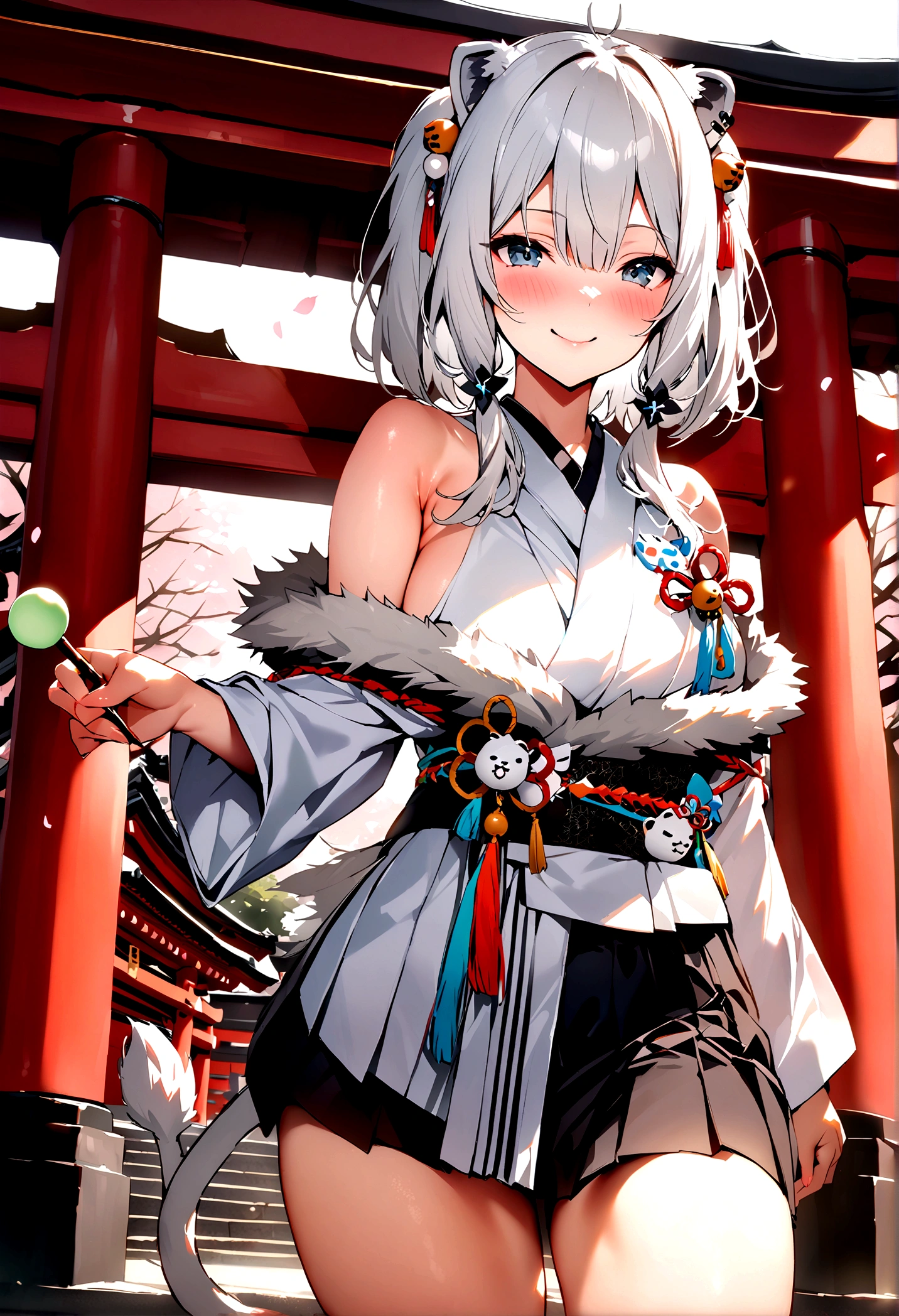 NSFW,masterpiece,Highest quality,High resolution,Super detailed,Shishirabotan\(Hololive\),Double Odango、flower、Side Lock、Lion's tail、White kimono、Off the shoulder、fur ornament、Black Hakama、Short skirt,smile,blush,Asahi,shrine,torii