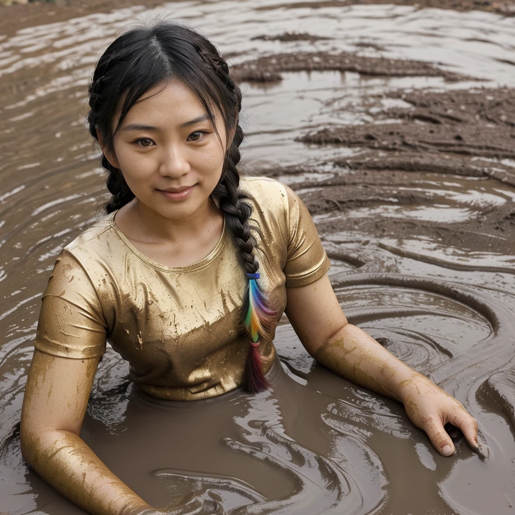 hot wet muddy sweaty shirtless asian girl cooking pad thai in street market, armpit, vibrant street market, dripping with mud and sweat, mud covered her body, posing for camera, smiling looking into camera, messy sweaty wet  muddy hair