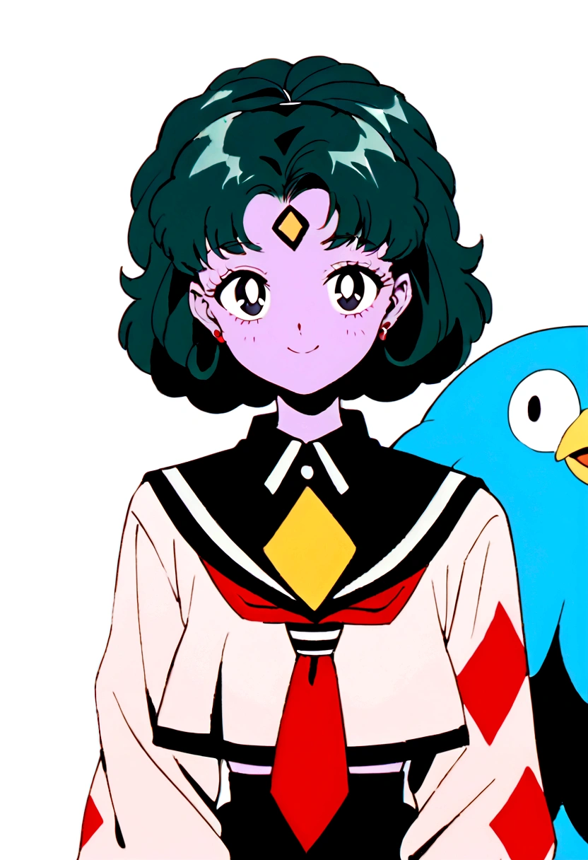 Youma body, pink skin, completely black eyes, little bird wings exclusively on her forehead near her bangs with two small beige mirrored diamond markings next to each other that are between said wings, short brown hair, 1950's girl hairstyle, looking at viewer smiling, DD Girl,  sailor fuku with red tie.