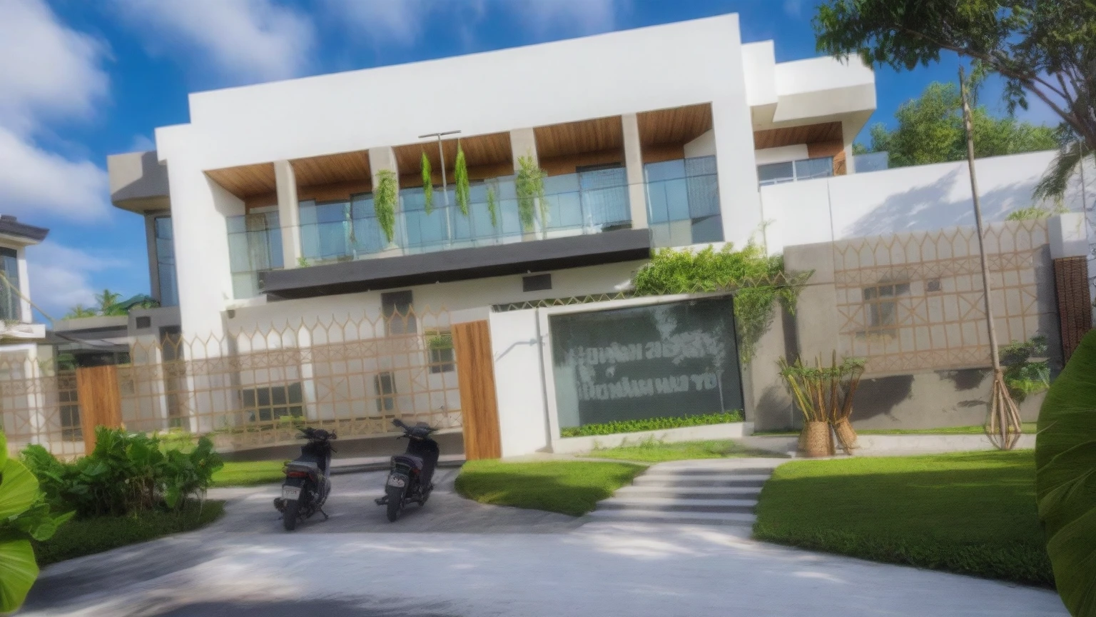 exterior house, contemporary style, white wall, wood wall, steel door, glass window, (realistic:1.2), Masterpiece, high quality, best quality, authentic, super detail, outdoors,road, trees, sky, cloud, (daylight:1.1), modern luxury villa, coconut trees, landscape, along the white beach, clear sky, day time, warm lighting RAW Photo, RAW texture, Super Realistic, 32K UHD, DSLR, soft lighting, high quality, film rating, Fujifilm XT3,Modern, Residential Architecture,  car in front of house